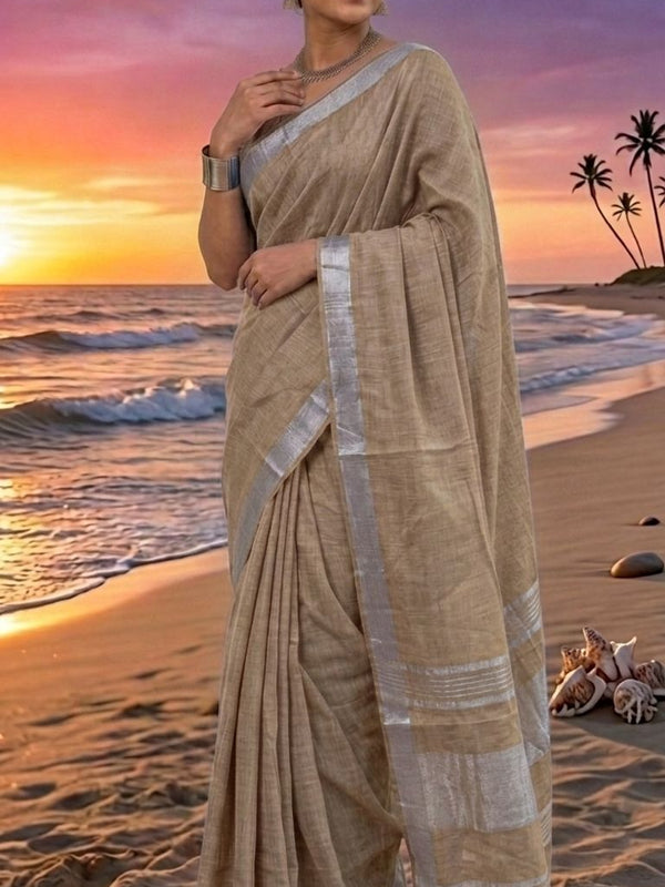Handwoven Linen Blend Saree With Running Blouse Piece(Beige)
