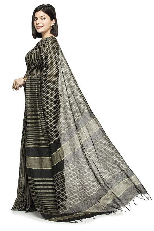 Art Silk Bhagalpuri Handloom Kota Bollywood Striped Saree (Black) - View 3