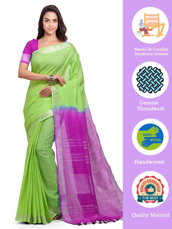 Chartreuse Green & Wild Strawberry women's Bhagalpuri Handloom Linen Cotton Blend Two Dye Saree With Running Unstitched Blouse Piece - View 3