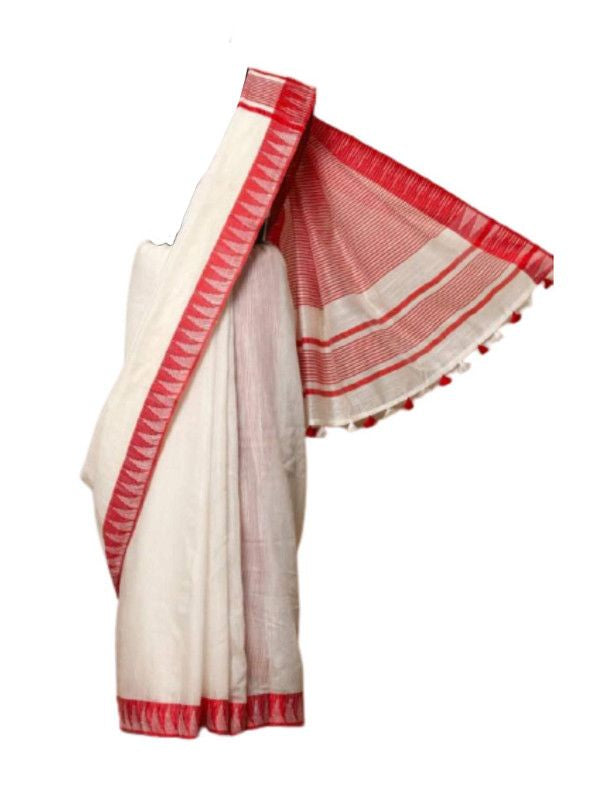 White-Red women's Bhagalpuri Handloom Kota Silk Temple Border Saree And Variation Of Colors With Striped Blouse Piece - View 2