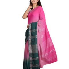 Hot Pink & Midnight Green women's Bhagalpuri Handloom Linen Cotton Blend Two Dye Saree With Running Unstitched Blouse Piece - View 4