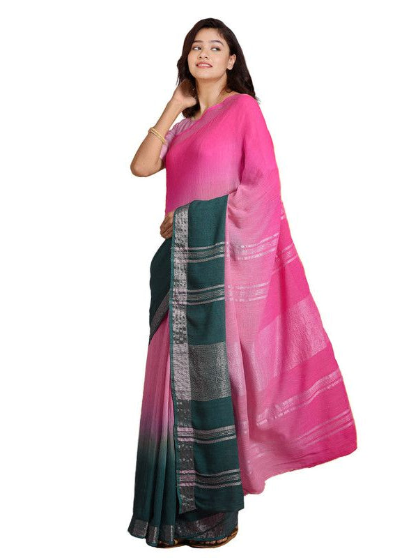 Hot Pink & Midnight Green women's Bhagalpuri Handloom Linen Cotton Blend Two Dye Saree With Running Unstitched Blouse Piece - View 4