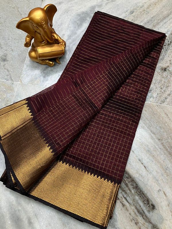 Cotton Silk Handloom Bhagalpuri Wide Border Check Saree (Gold-Coffee_Brown) - View 2