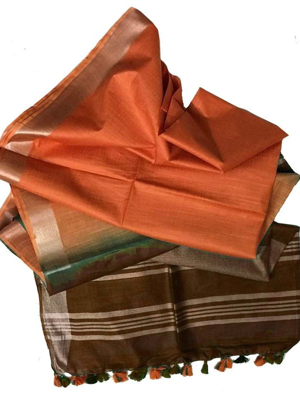 Kobicha Brown & Carol Orange Bhagalpuri women's Ethnic Wear Handloom Linen Cotton Blend Zari Border Two Dye Saree With Running Unstitched Blouse Piece - View 5