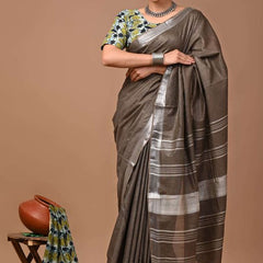 Linen Cotton Blend Handloom Bhagalpuri Saree with Zari Border (12791 Kabiye_Brown)