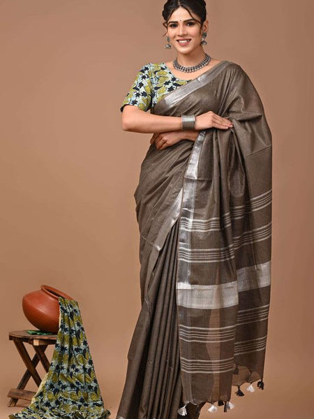 Linen Cotton Blend Handloom Bhagalpuri Saree with Zari Border (12791 Kabiye_Brown)