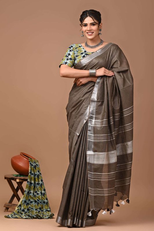 Linen Cotton Blend Handloom Bhagalpuri Saree with Zari Border (12791 Kabiye_Brown)