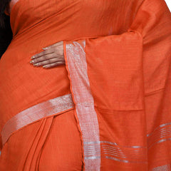 Orange Bhagalpuri women's Handloom Linen Cotton Ethnic Wear Saree With Running Unstitched Blouse Piece - View 2