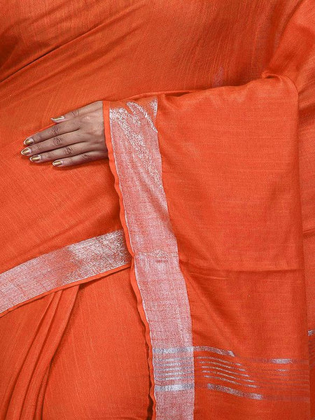 Orange Bhagalpuri women's Handloom Linen Cotton Ethnic Wear Saree With Running Unstitched Blouse Piece - View 2