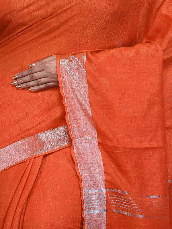 Orange Bhagalpuri women's Handloom Linen Cotton Ethnic Wear Saree With Running Unstitched Blouse Piece - View 2