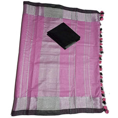 Pink Bhagalpuri Handloom women's Linen Slub Blend Saree With Black Pipin Contrast Blouse Piece - View 3