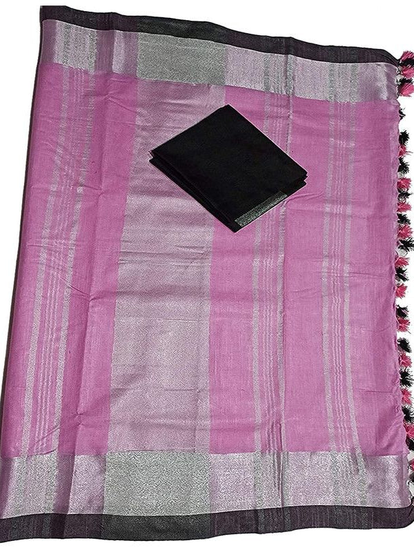 Pink Bhagalpuri Handloom women's Linen Slub Blend Saree With Black Pipin Contrast Blouse Piece - View 3