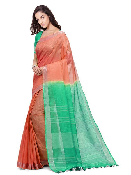 Tangelo Orange & Aquamarine Turquoise women's Bhagalpuri Handloom Linen Slub Blend Two Dye Saree With Running Unstitched Blouse Piece - View 3