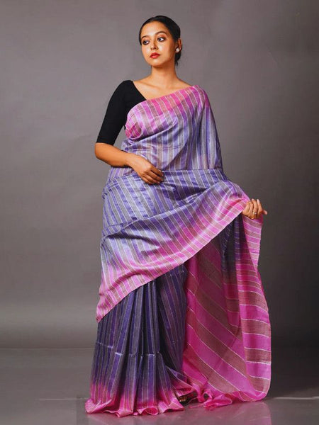 Women's Handloom Two Dye Semi Tussar Silk Striped Bhagalpuri Saree (Cold_Purple & Brilkliant_Pink)
