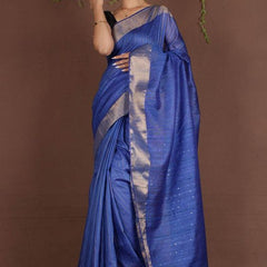 Blue Sequins Bhagalpuri Silk Handloom Striped Saree