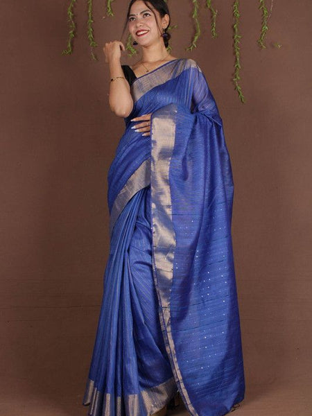 Blue Sequins Bhagalpuri Silk Handloom Striped Saree