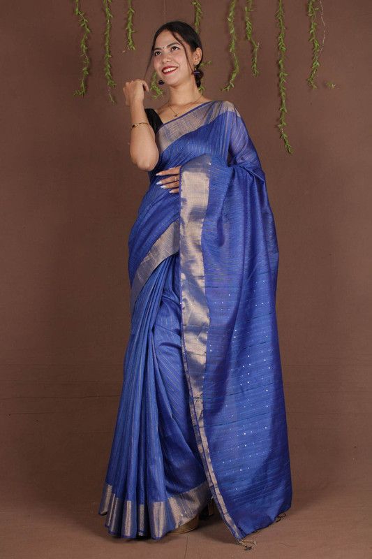 Blue Sequins Bhagalpuri Silk Handloom Striped Saree