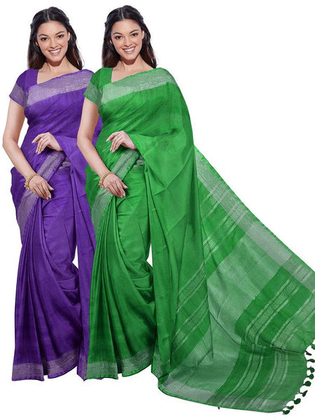 French Violet & Pigment Green women's Bhagalpuri Handloom Cotton-Linen Blend Saree Combo (Pack Of 2) With Running Unstiched Blouse Piece