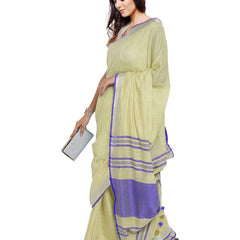 Primrose Yellow-Blue women's Bhagalpuri Handloom Cotton Linen Blend Contrast Pallu Saree And Unstitched Contrast Blouse Piece