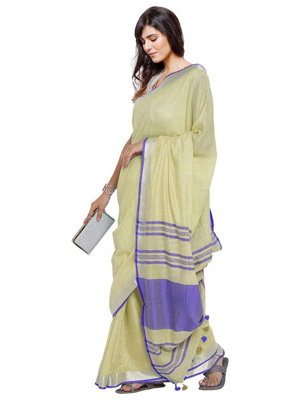 Primrose Yellow-Blue women's Bhagalpuri Handloom Cotton Linen Blend Contrast Pallu Saree And Unstitched Contrast Blouse Piece