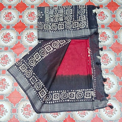 Linen Cotton Blend Handloom Bandhani Dye Batik Print Saree (SLBR_Red & Black) - View 4