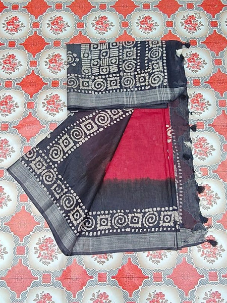 Linen Cotton Blend Handloom Bandhani Dye Batik Print Saree (SLBR_Red & Black) - View 4