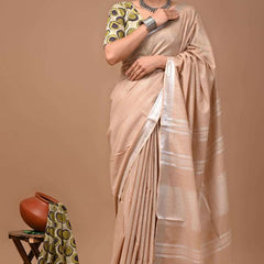 Linen Cotton Blend Handloom Bhagalpuri Saree with Zari Border (12801 Tan_Brown)
