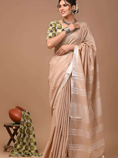Linen Cotton Blend Handloom Bhagalpuri Saree with Zari Border (12801 Tan_Brown)