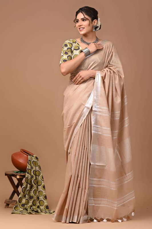 Linen Cotton Blend Handloom Bhagalpuri Saree with Zari Border (12801 Tan_Brown)