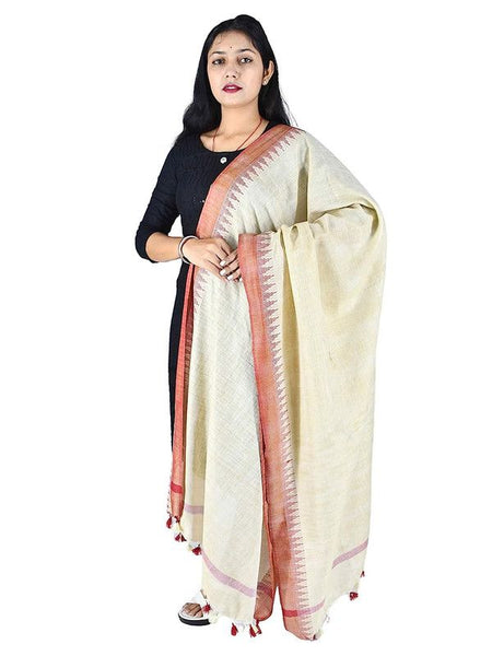 Red Handloom Temple Border Bhagalpuri Linen Dupatta