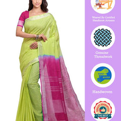 Chartreuse Green & Raspberry Pink women's Bhagalpuri Handloom Pure Cotton Two Dye Saree With Running Unstitched Blouse Piece - View 2