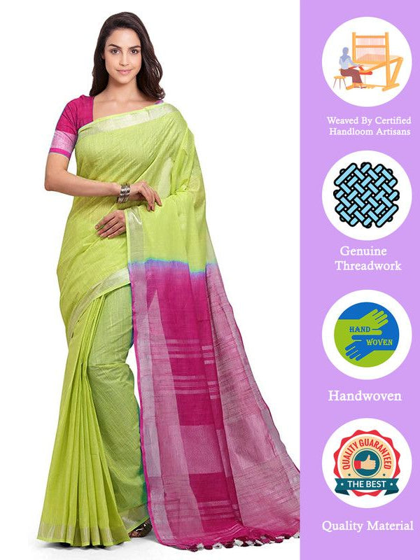 Chartreuse Green & Raspberry Pink women's Bhagalpuri Handloom Pure Cotton Two Dye Saree With Running Unstitched Blouse Piece - View 2