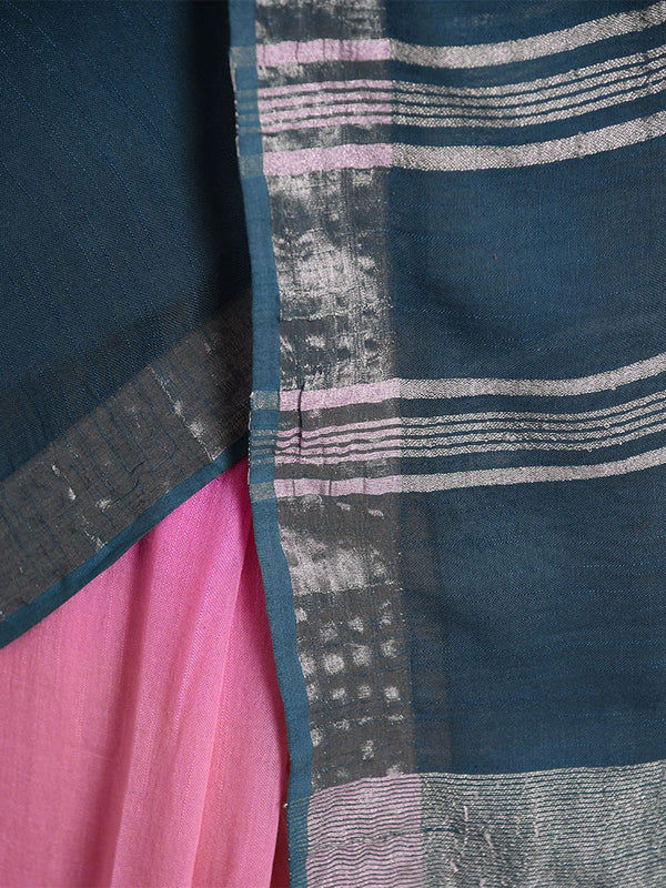 Hot Pink & Cerulean Blue women's Bhagalpuri Handloom Linen Cotton Blend Two Dye Saree With Running Unstitched Blouse Piece - View 4