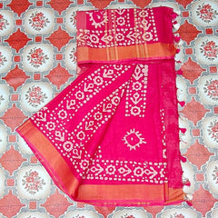 Blend Linen Cotton Handloom Batik Print Saree (GLBR_Gold-Deep_Pink) - View 7