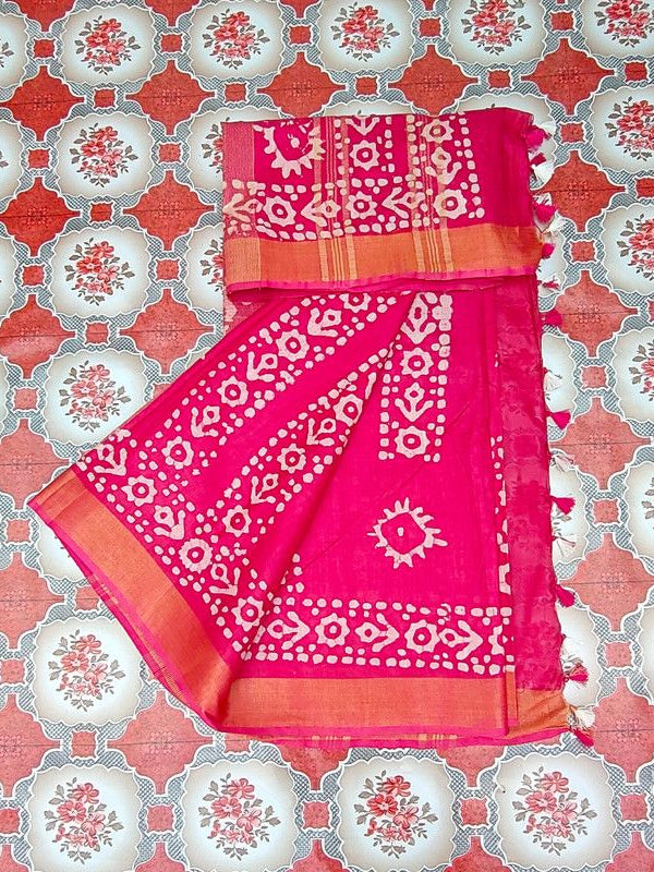Blend Linen Cotton Handloom Batik Print Saree (GLBR_Gold-Deep_Pink) - View 7