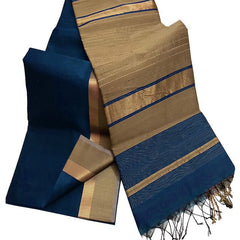 Bhagalpuri Cotton Tussar Silk Saree with Designed Border (Midnight Cyan)