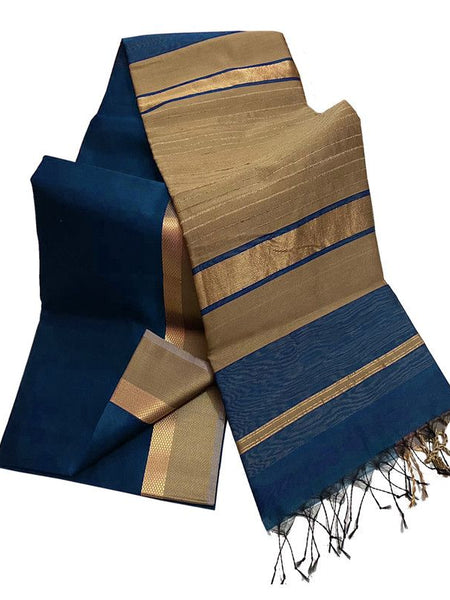 Bhagalpuri Cotton Tussar Silk Saree with Designed Border (Midnight Cyan)