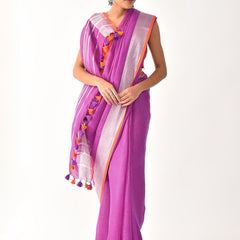 Linen Cotton Blend Contrast Handloom Bhagalpuri Saree for Women (Fuchsia_Pink-Orange) - View 2