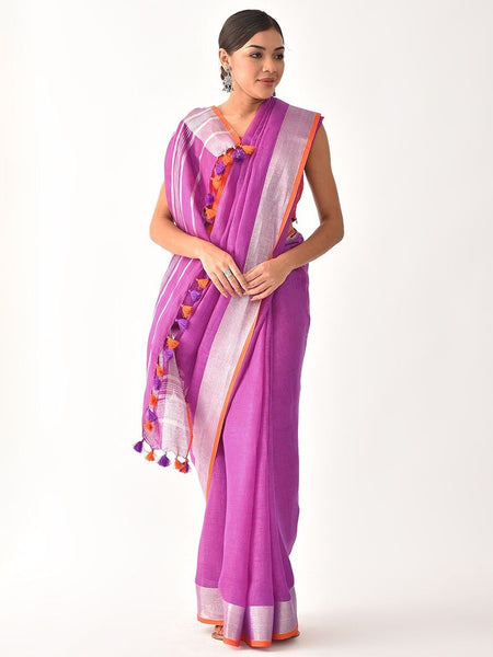 Linen Cotton Blend Contrast Handloom Bhagalpuri Saree for Women (Fuchsia_Pink-Orange) - View 2