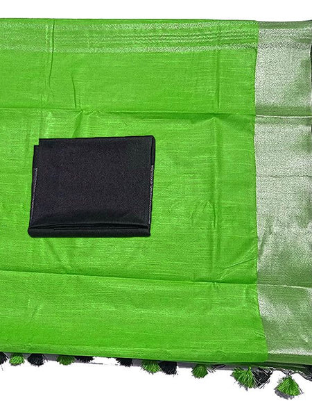Green Bhagalpuri Handloom women's Linen Slub Blend Saree With Black Pipin Contrast Blouse Piece - View 2