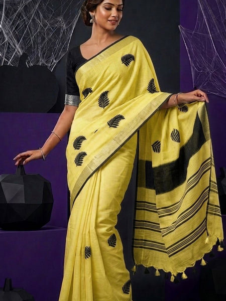 Handwoven Bhagalpuri Linen Blend Embroidered Saree With Contrast Blouse Piece(Yellow_Black)