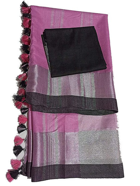 Pink Bhagalpuri Handloom women's Linen Slub Blend Saree With Black Pipin Contrast Blouse Piece - View 2
