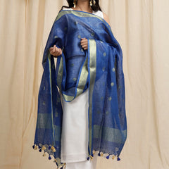 Bhagalpuri Handloom Linen Dupatta with Gold Weaving Motif (Blue) - View 2