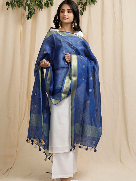 Bhagalpuri Handloom Linen Dupatta with Gold Weaving Motif (Blue) - View 2