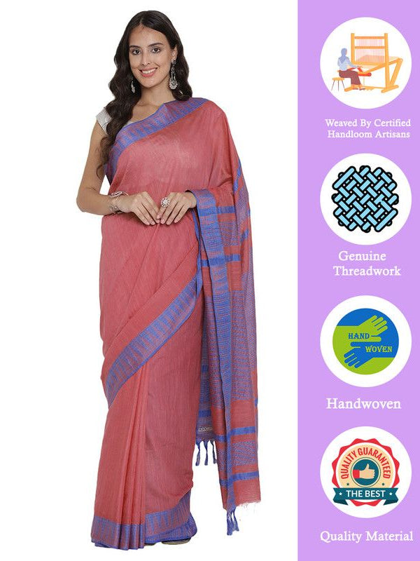 Light Carol Red women's Bhagalpuri Handloom Kota Silk Temple Border Saree And Variation Of Colors With Striped Blouse Piece