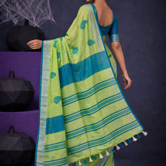 Handwoven Bhagalpuri Linen Blend Embroidered Saree With Contrast Blouse Piece(Parrot Green_Cyan) - View 3