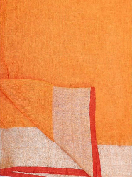 Handloom Linen Cotton Blend Contrast Bhagalpuri Saree for Women (Flame_Orange-Red ) - View 4