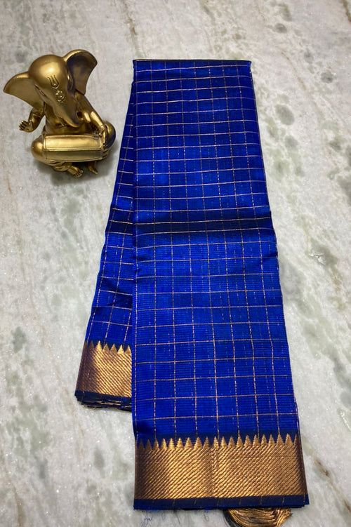 Cotton Silk Handloom Bhgalpuri Check Saree with Gold Zari Border for Women (100151 Cobalt_Blue)
