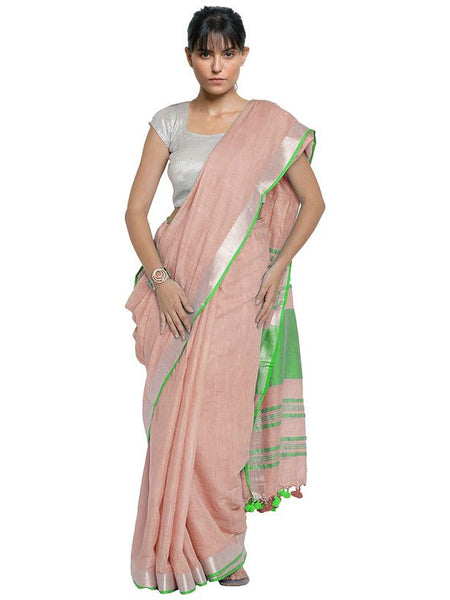 Tea Rose Pink-Green women's Bhagalpuri Handloom Cotton Linen Blend Contrast Pallu Saree And Unstitched Contrast Blouse Piece