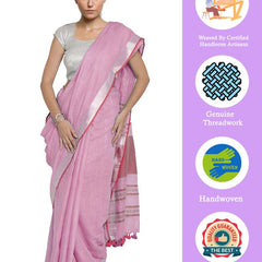 Carnation Pink-Pink women's Bhagalpuri Handloom Cotton Linen Blend Contrast Pallu Saree And Unstitched Contrast Blouse Piece